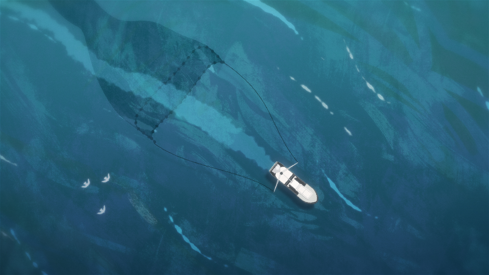 An aerial illustration of a fishing trawler dragging wide nets through deep blue ocean waters, with white birds flying nearby.