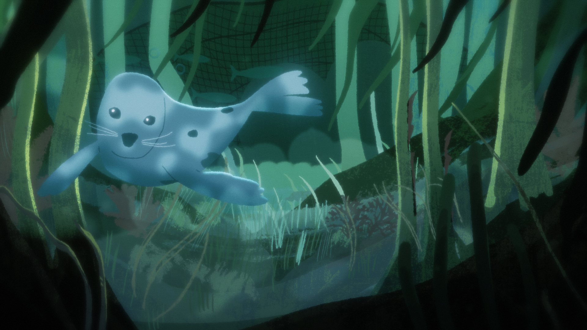 A smiling seal glides through a dense kelp forest, with a faint outline of fishing nets and other marine life in the background.