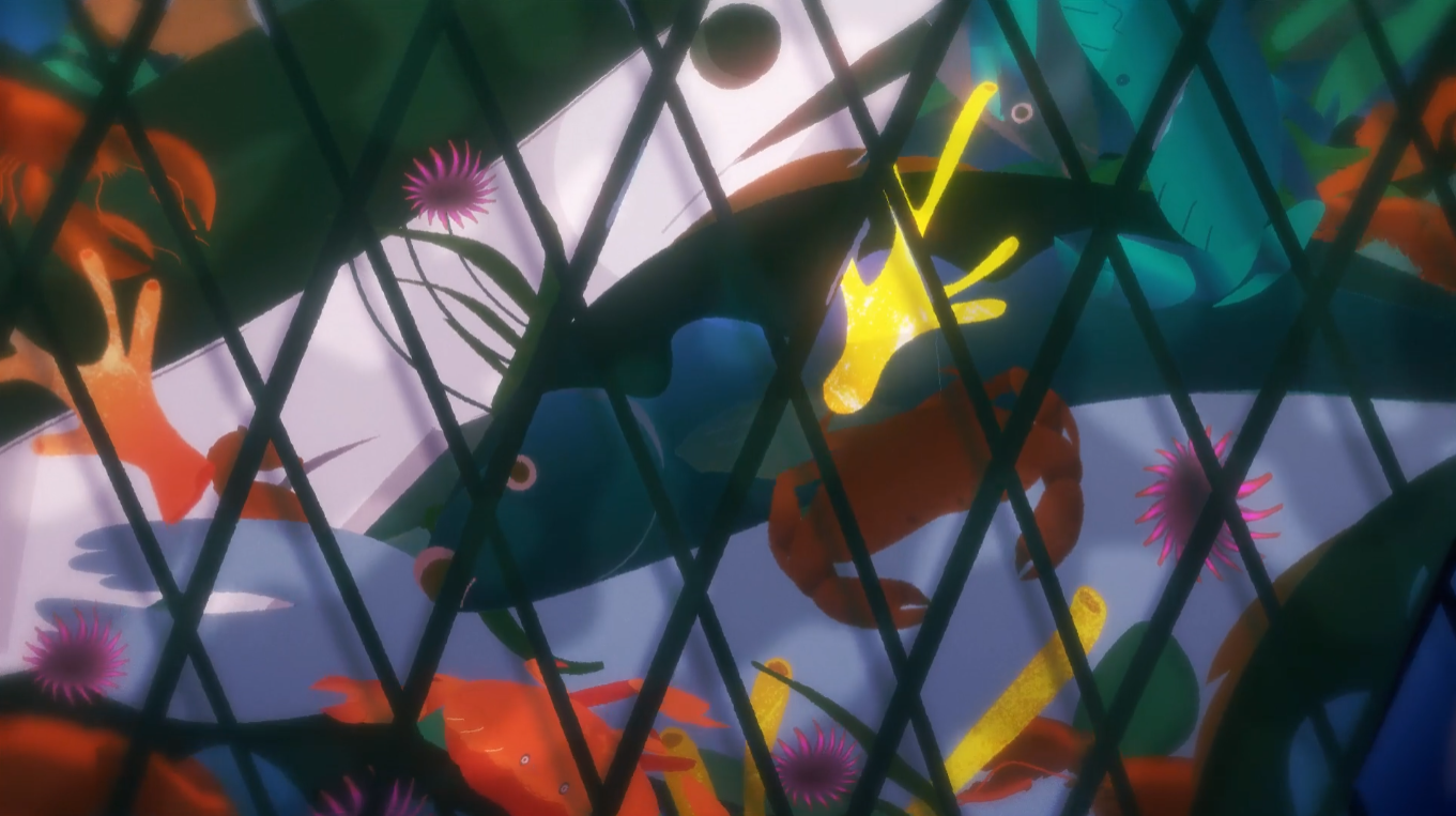 A stylised underwater scene showing a variety of sea creatures—crabs, lobsters, fish, and anemones—tangled within a dark fishing net. The artwork uses vivid colours and soft lighting to highlight the biodiversity threatened by bottom trawling.