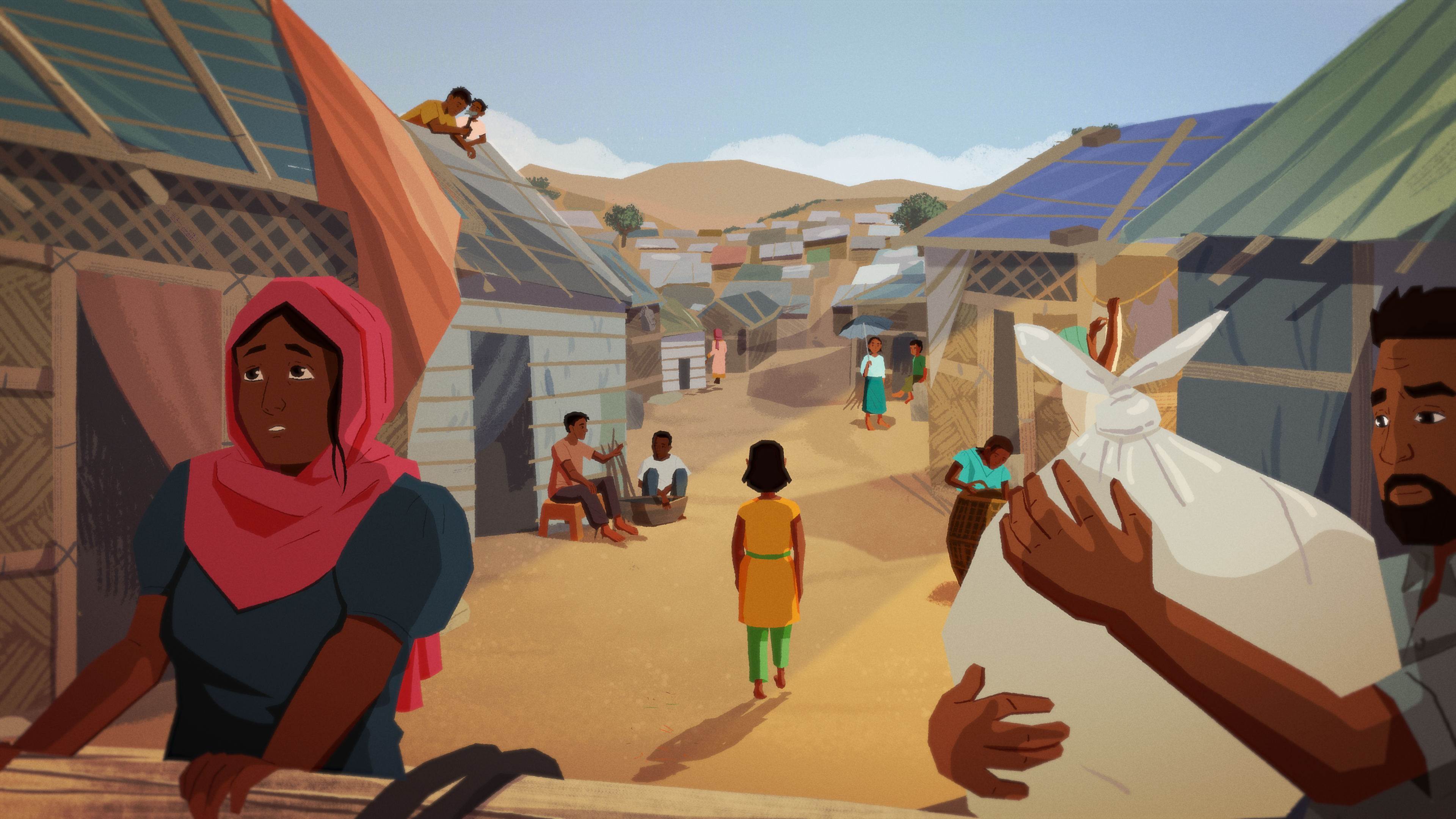 Animated Rohingya refugee camp scene – girl arrives in crowded settlement surrounded by people