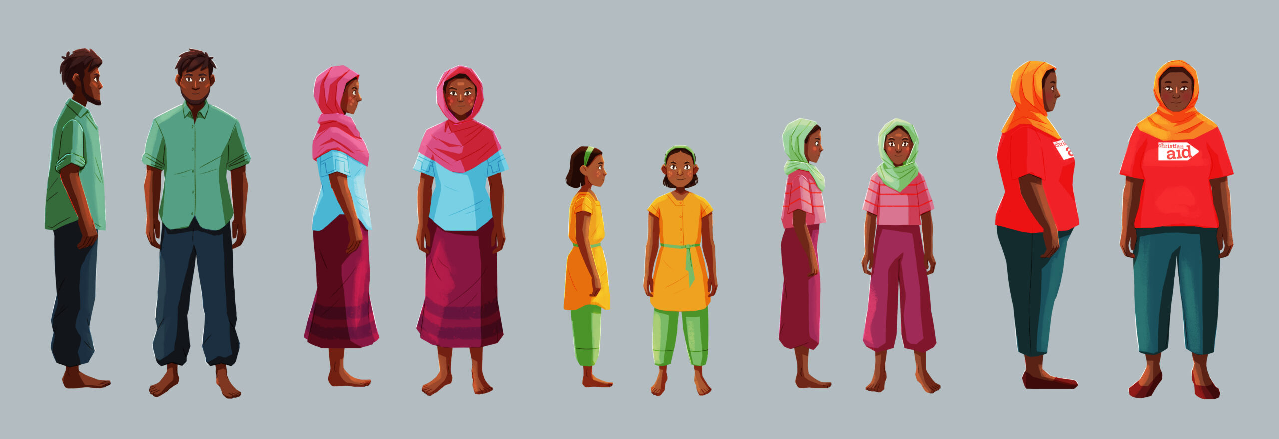 Character concept art – turnaround designs for animated film on Rohingya refugee crisis