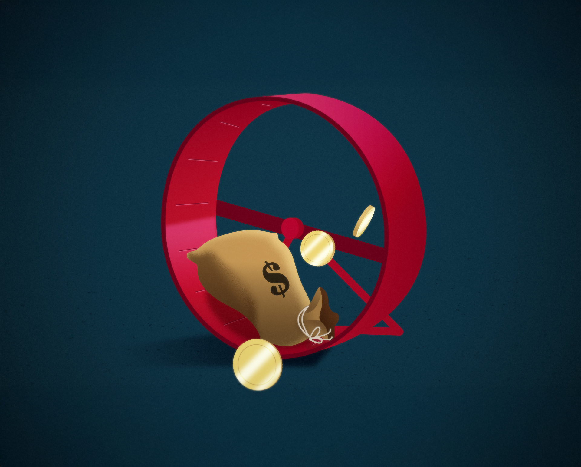 Editorial animation – money bag and coins trapped in a red hamster wheel symbolising sovereign debt cycle
