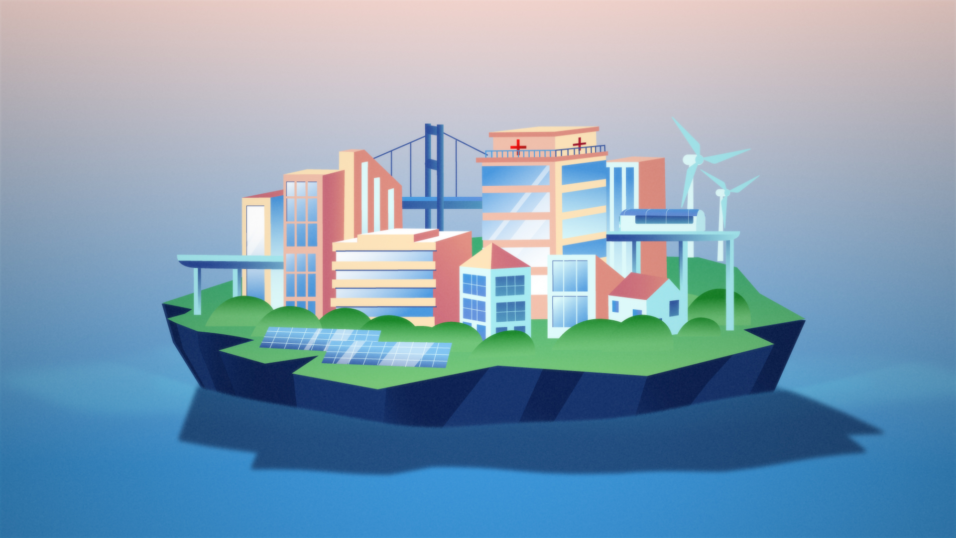 Editorial animation scene – floating city with hospitals, homes, wind turbines and solar panels representing public services