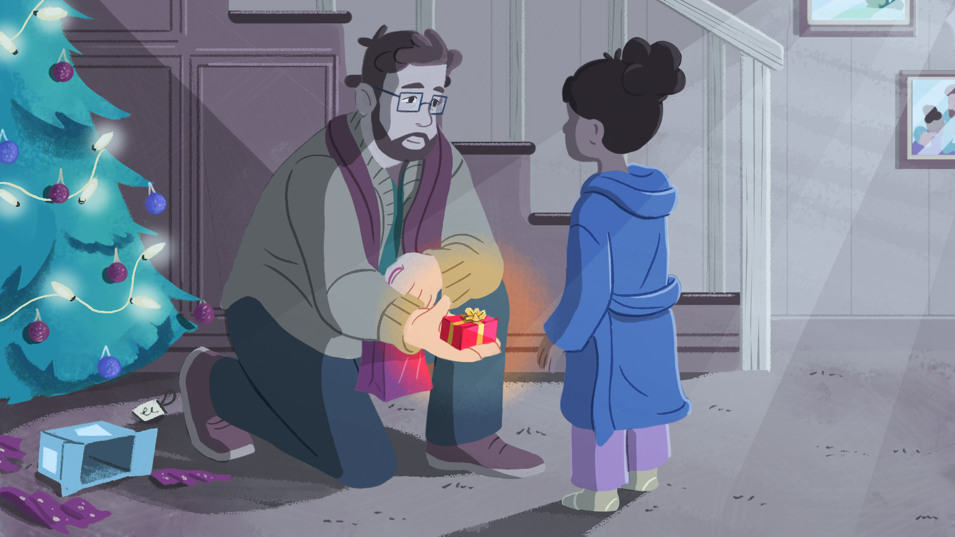 Animated Christmas moment – father kneels to give young daughter a glowing gift beside Christmas tree