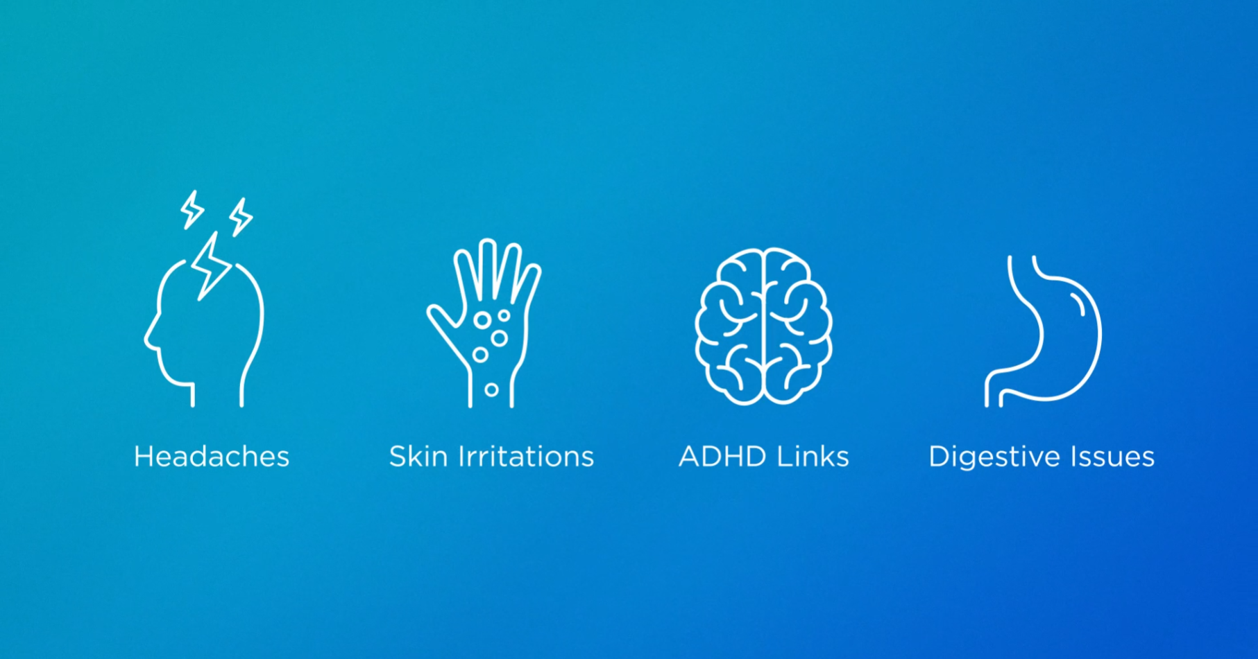Illustration showing icons for common health symptoms: headaches, skin irritations, ADHD links, and digestive issues, on a blue gradient background with simple white line art and labels.