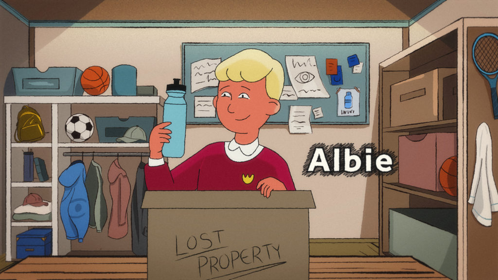 Animated boy named Albie stands smiling in a lost property room, holding up a water bottle next to a box labeled "Lost Property," surrounded by sports equipment and school clothes.
