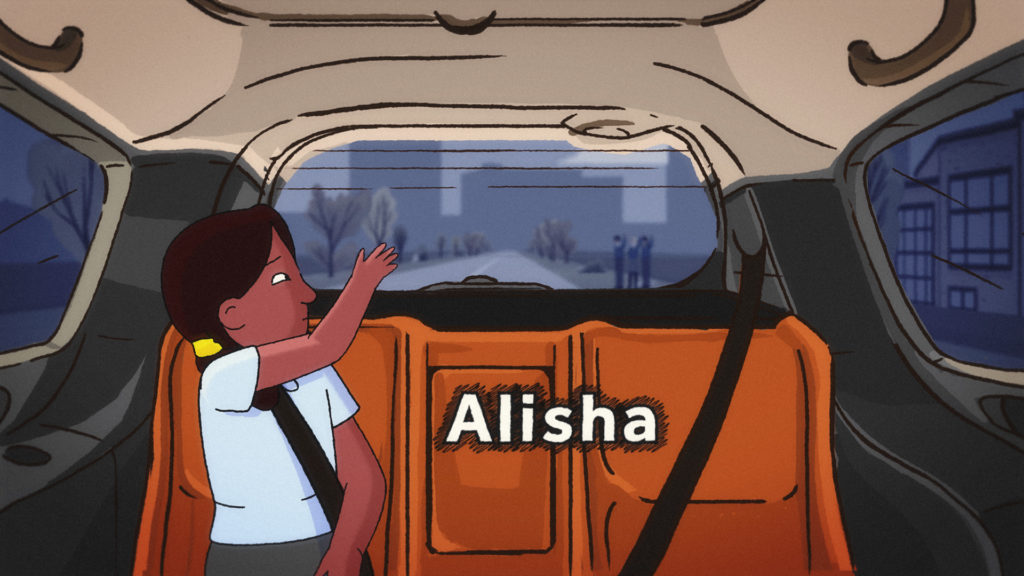 Animated girl named Alisha sitting in the back seat of a car, wearing a seatbelt and waving while looking out the rear window at a school scene in the distance.