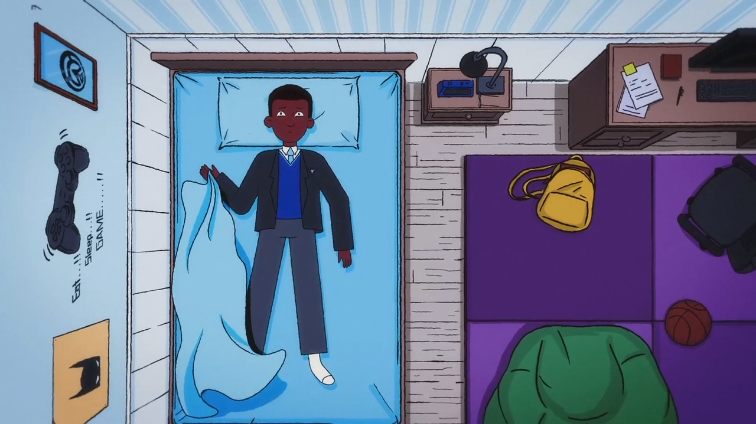 Bird’s eye view of a school child lying on a bed in uniform, surrounded by bedroom items like a desk, backpack, basketball, and game controller on the wall.