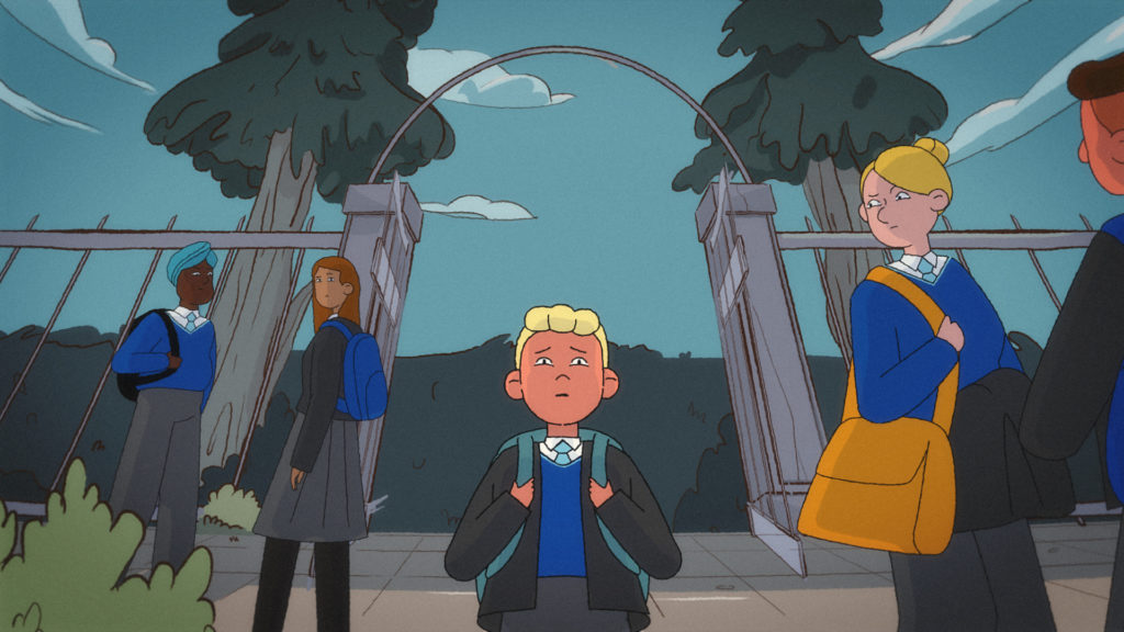 ChatGPT said: Illustration of a nervous student standing outside school gates surrounded by peers in uniform, symbolizing the anxiety and uncertainty of starting a new school.