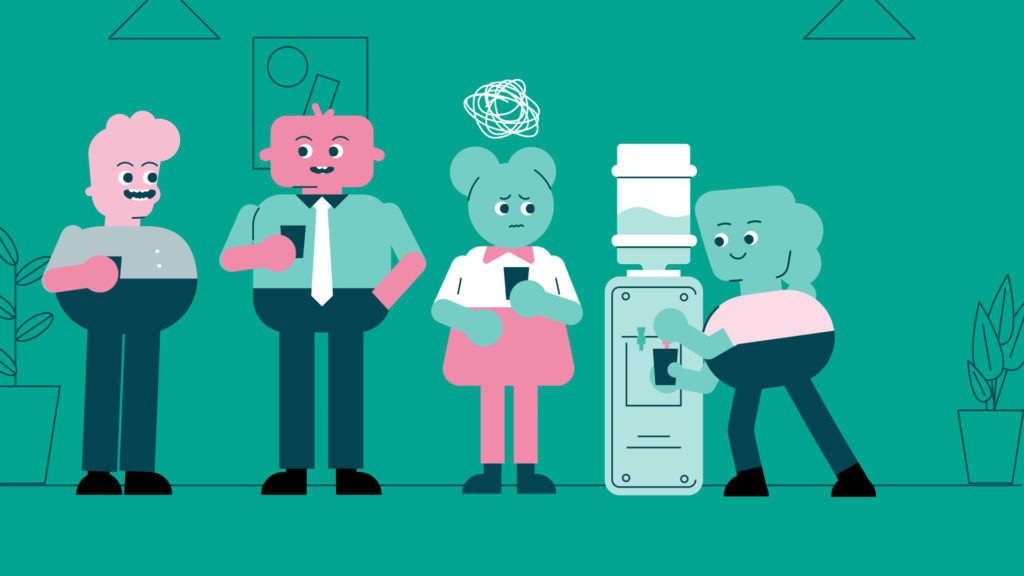 A cartoon character with a scribble above their head stands anxiously by a water cooler among cheerful coworkers, symbolizing social anxiety or feeling out of place in a workplace setting.