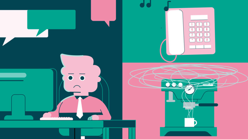 A cartoon office worker looks overwhelmed at a desk, surrounded by a ringing phone, speech bubbles, and a chaotic coffee machine, symbolizing anxiety from multitasking and constant distractions.