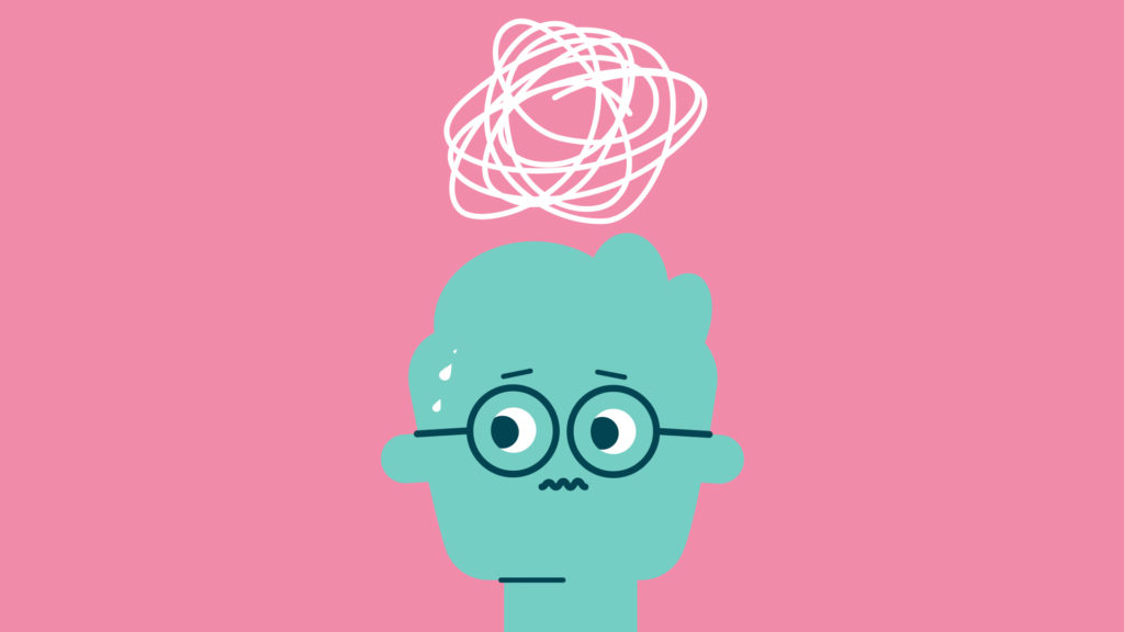 A cartoon character with glasses looks worried, sweating slightly, with a tangled scribble above their head, symbolizing confusion and mental overwhelm from anxiety.