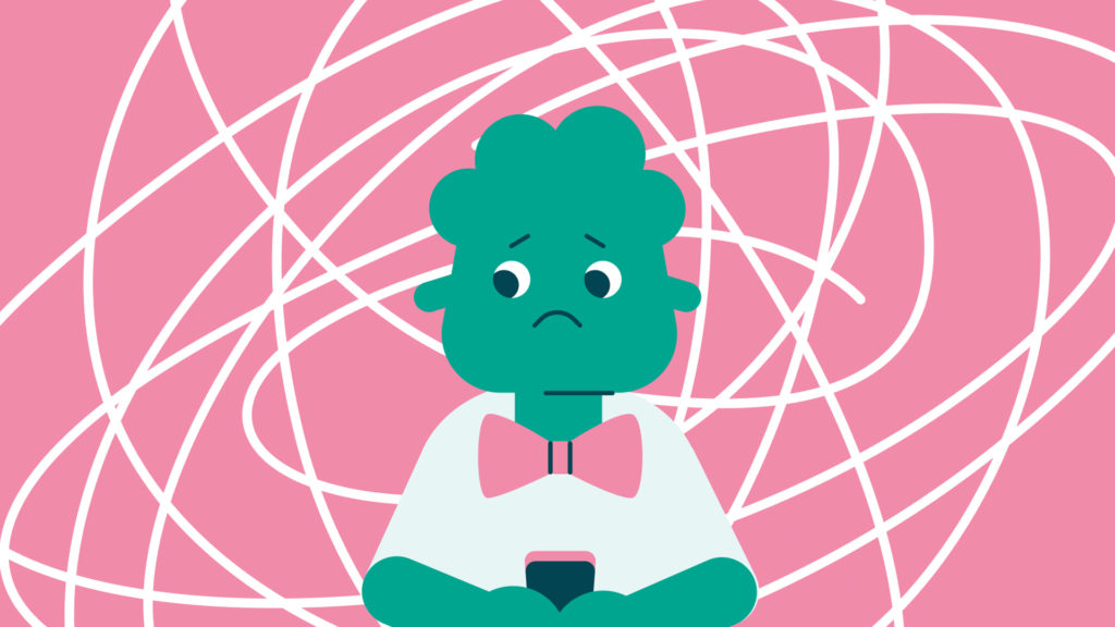 A cartoon character looks anxious while staring at a phone, surrounded by chaotic white scribbles on a pink background, symbolizing digital overwhelm or anxiety triggered by mobile device use.