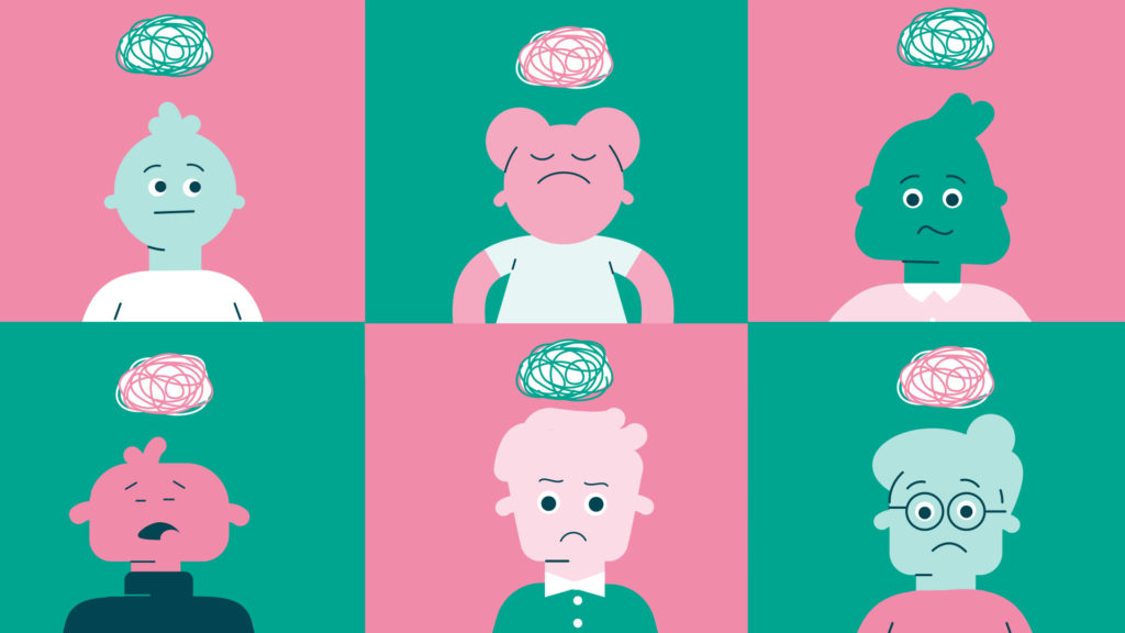 Six cartoon faces display various anxious expressions, each with a scribbled thought cloud above their head, symbolizing the diverse ways anxiety can appear across individuals.