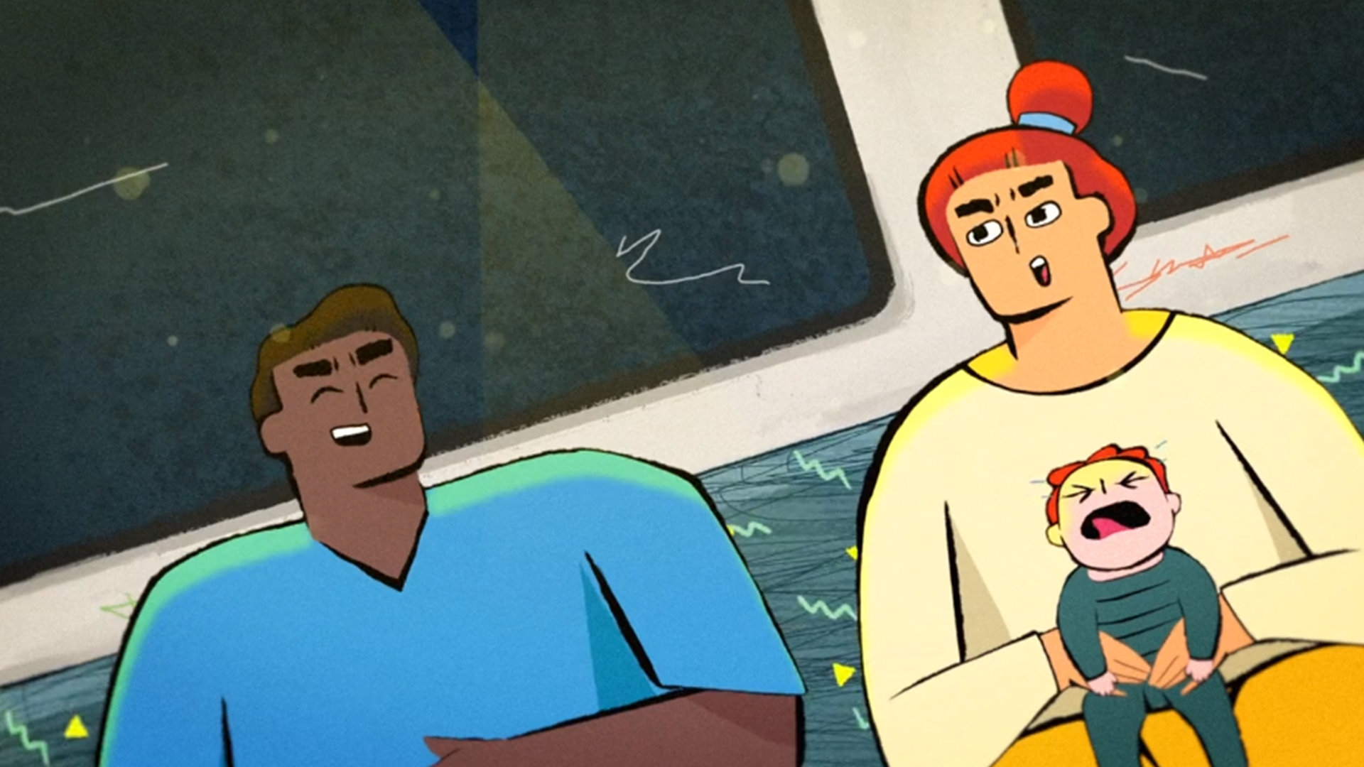 Illustration of a woman holding a crying baby on a subway train, seated next to a smiling man, with a window and abstract motion lines in the background.