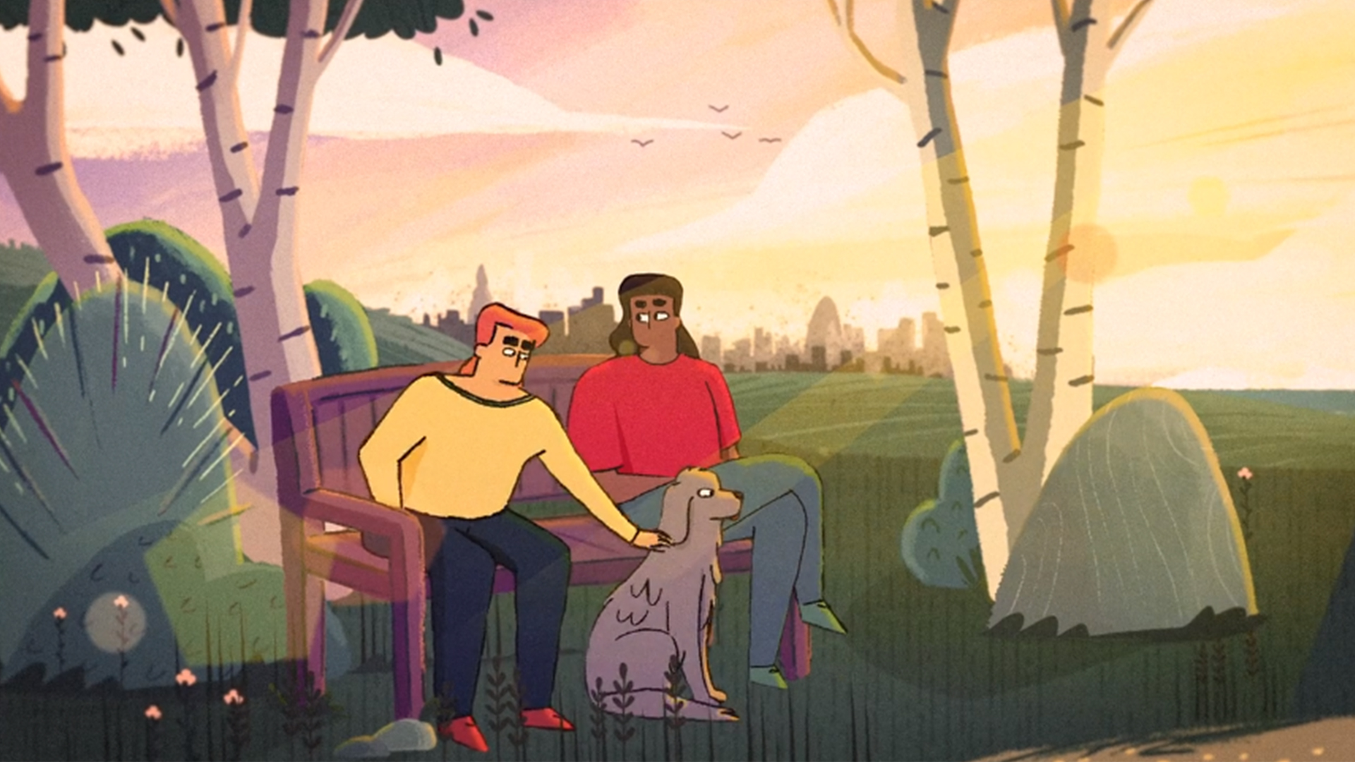 Illustration of two people sitting on a bench in a park at sunset, petting a dog, with trees framing the scene and a city skyline in the background.
