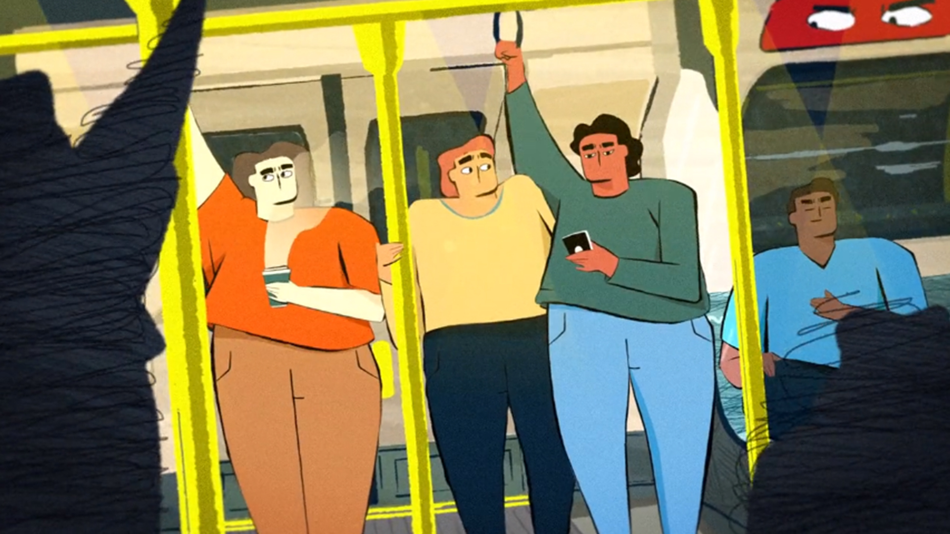 Illustration of passengers standing inside a crowded subway train, one holding a phone and others gripping handrails, viewed through a window partially obscured by dark swirling shapes.