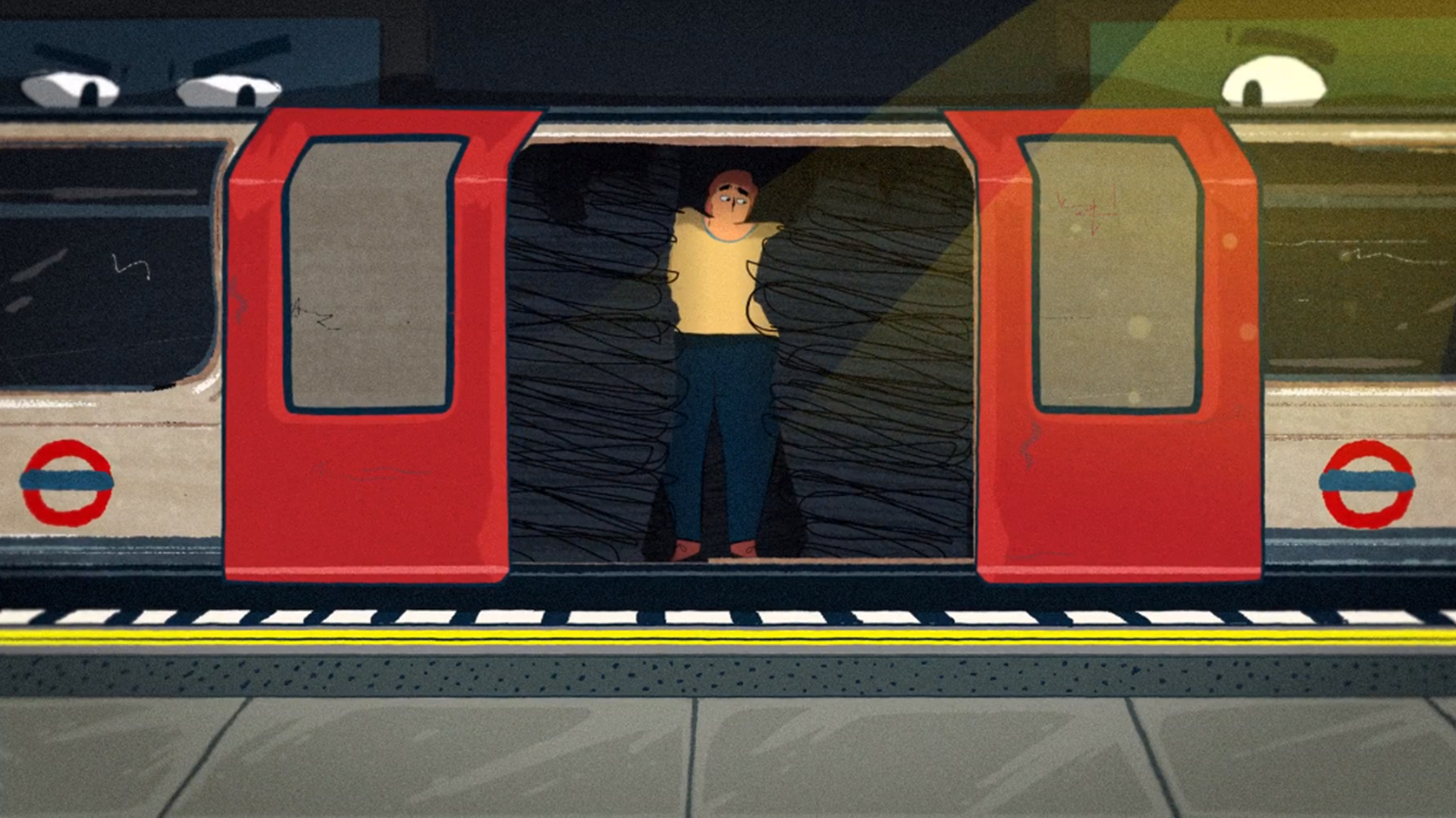 Illustration of a crowded London Underground train with a person squeezed between passengers, conveying a sense of overwhelm, observed by watchful cartoon eyes on nearby train windows.