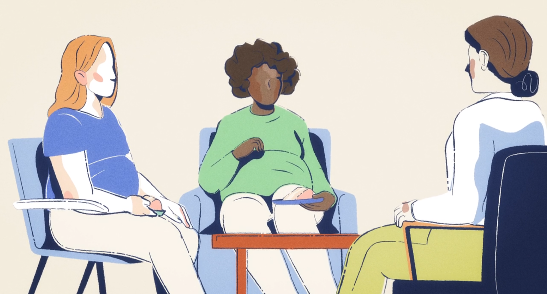 Three pregnant women sit in a circle on chairs, engaged in conversation, suggesting a supportive group setting or prenatal discussion in a calm, welcoming environment.