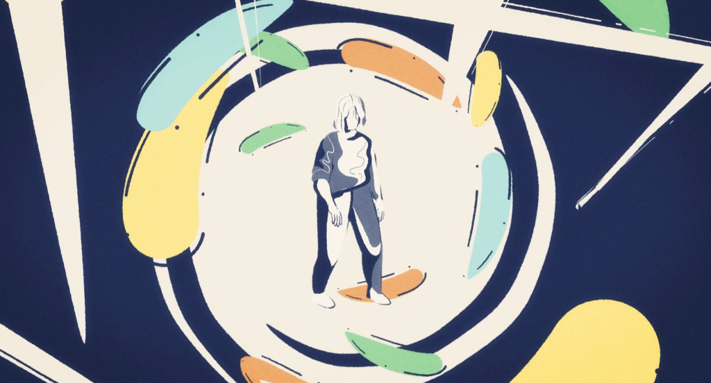 A woman stands alone in the center of swirling shapes and lines, symbolizing confusion, isolation, or emotional overwhelm within a dynamic, abstract environment.
