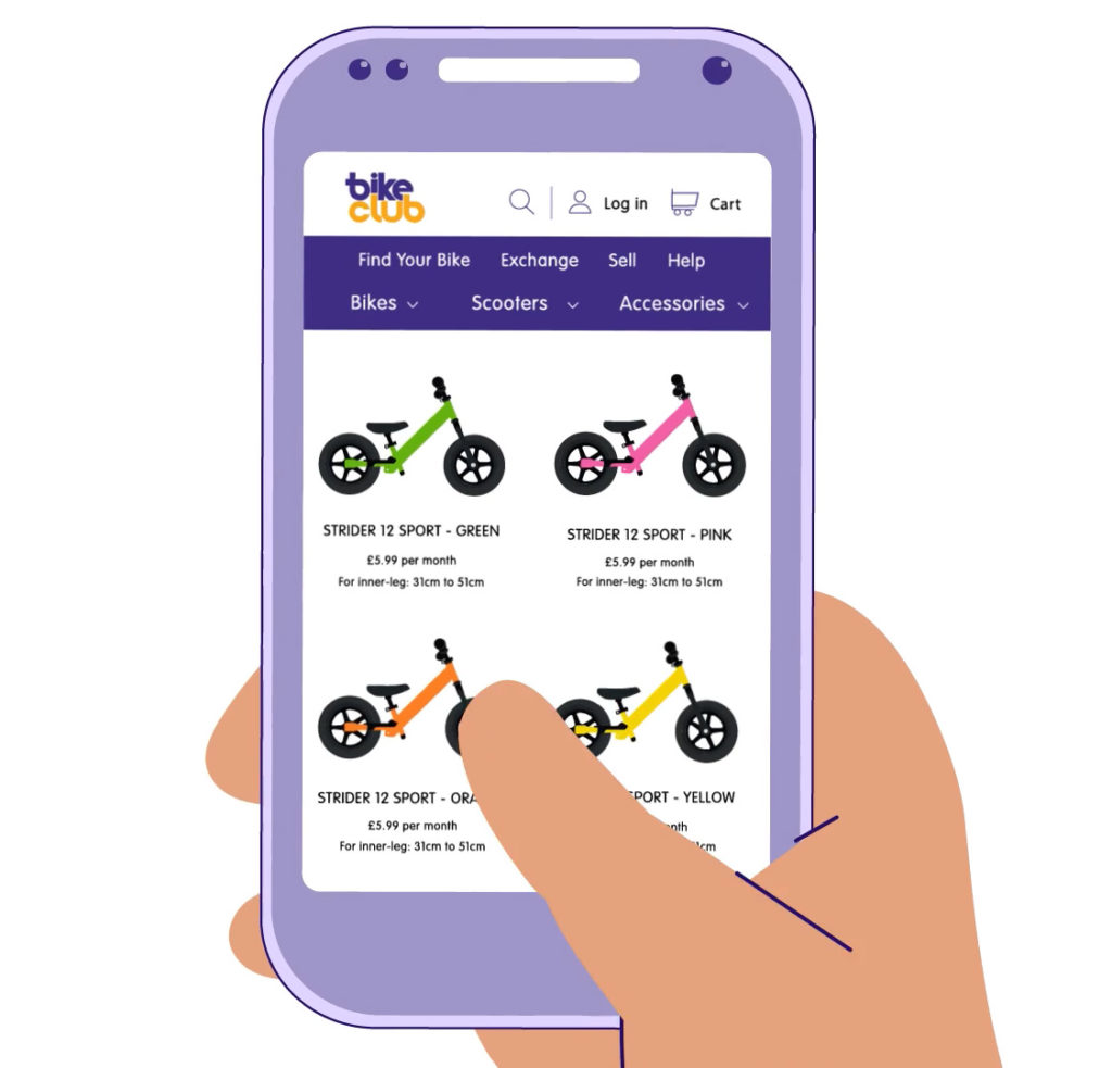 Illustration of a hand holding a phone displaying the Bike Club app, showing different kids’ bikes available for monthly subscription in various colors like green, pink, orange, and yellow.