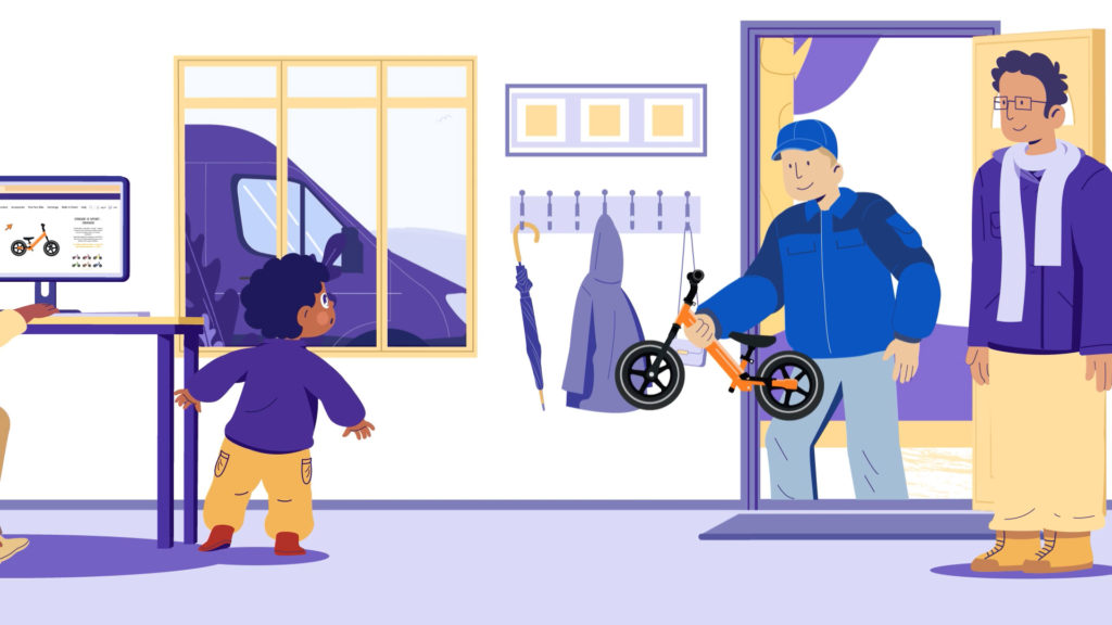 Illustration of a delivery person bringing a small orange bike to a home, where a child excitedly watches and an adult stands nearby, with a van visible through the window.