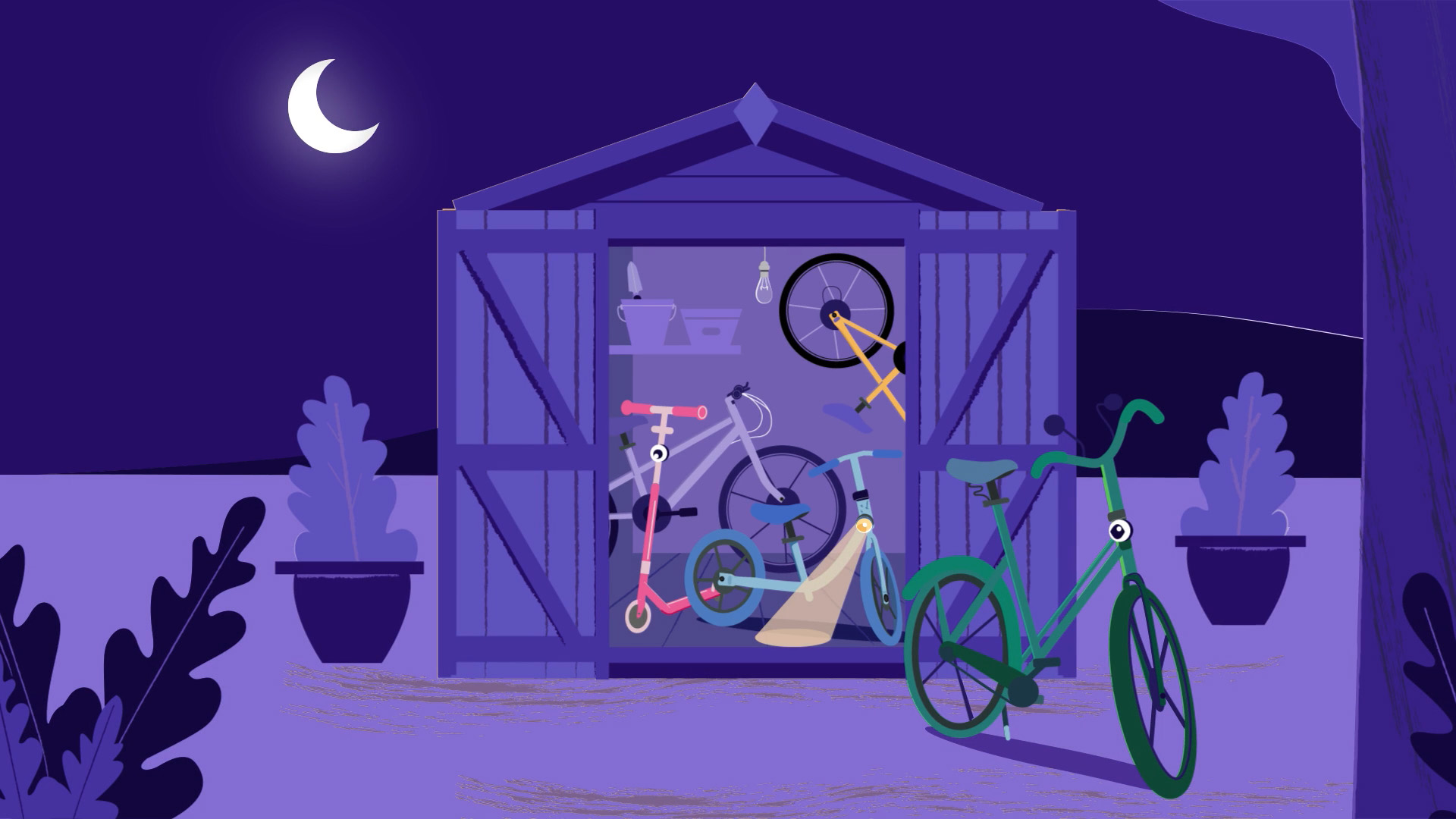 Illustration of a bike shed at night under a crescent moon, with bicycles and a scooter stored inside, and plants in pots nearby.
