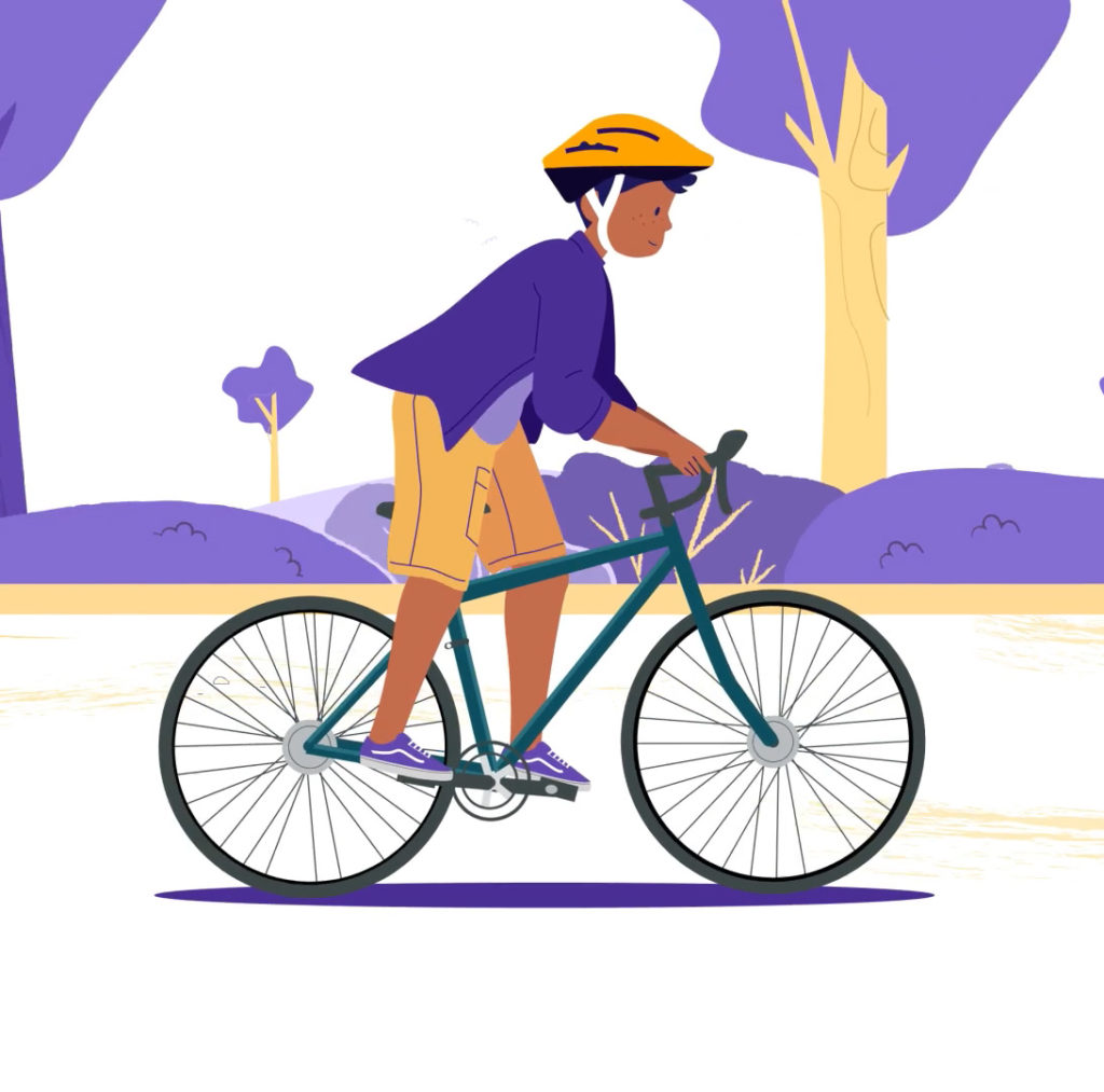 Illustration of a boy wearing a helmet riding a teal bicycle outdoors, with a background of abstract purple and yellow trees and hills.