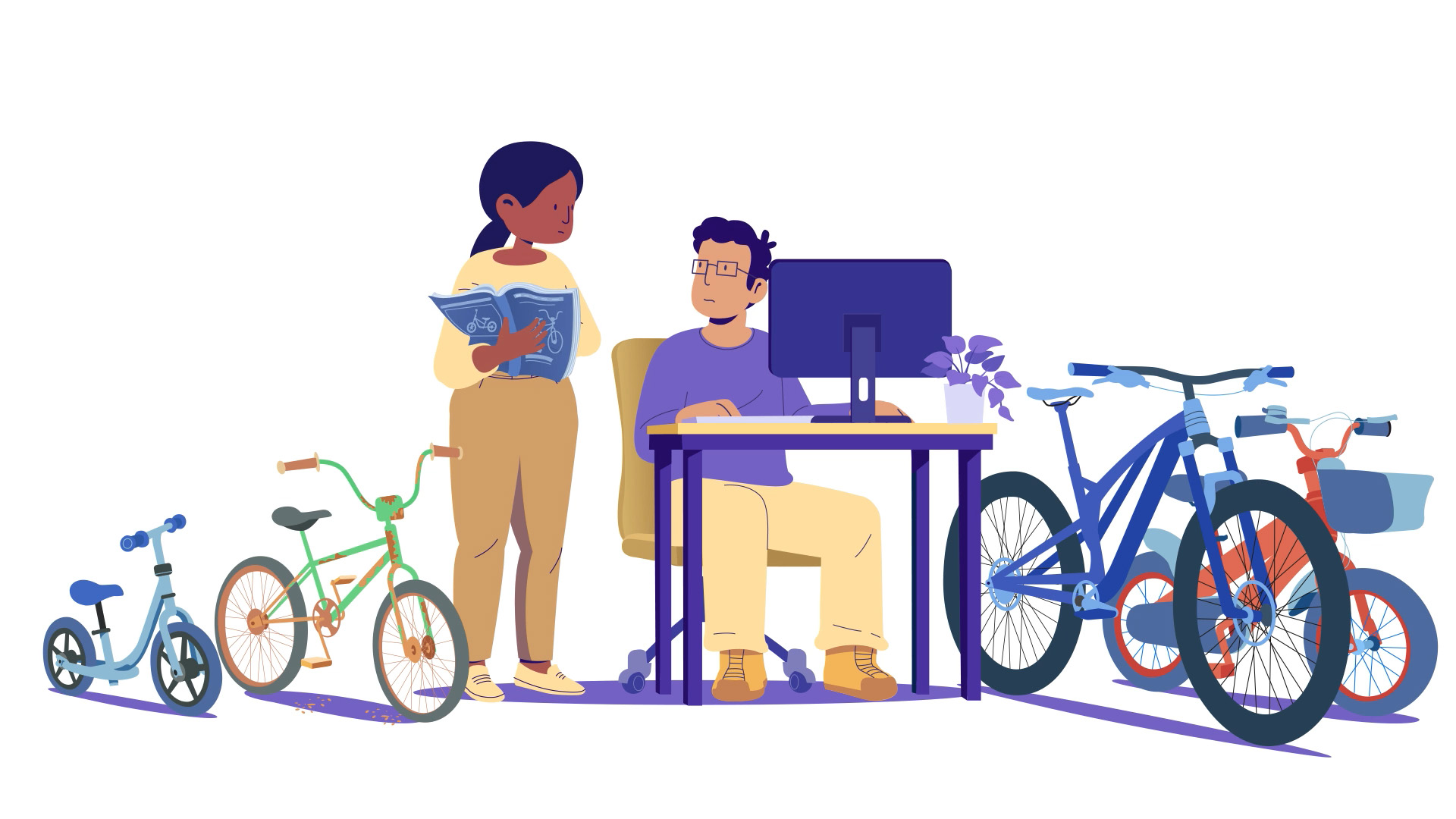 Illustration of a man at a desk with a computer and a woman holding a bike catalog, surrounded by various bicycles in different sizes and colors.