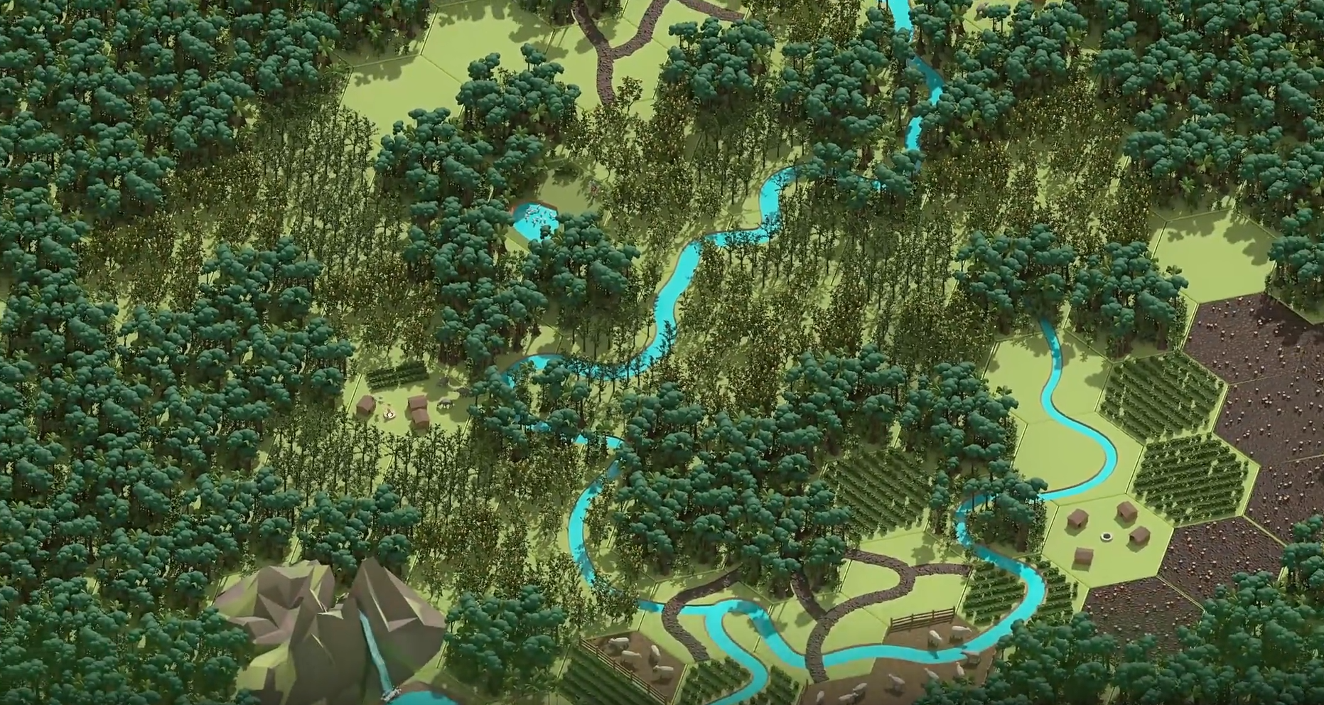 Bird’s-eye view illustration of a lush tropical forest with winding rivers, scattered huts, and agricultural patches, highlighting the balance between nature conservation and sustainable land use.