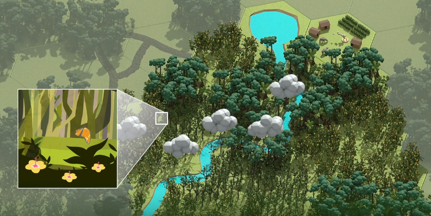 Illustration of a tropical forest with a zoom-in showing a butterfly and flowers, highlighting biodiversity and the role of healthy ecosystems in generating clouds and maintaining water cycles.
