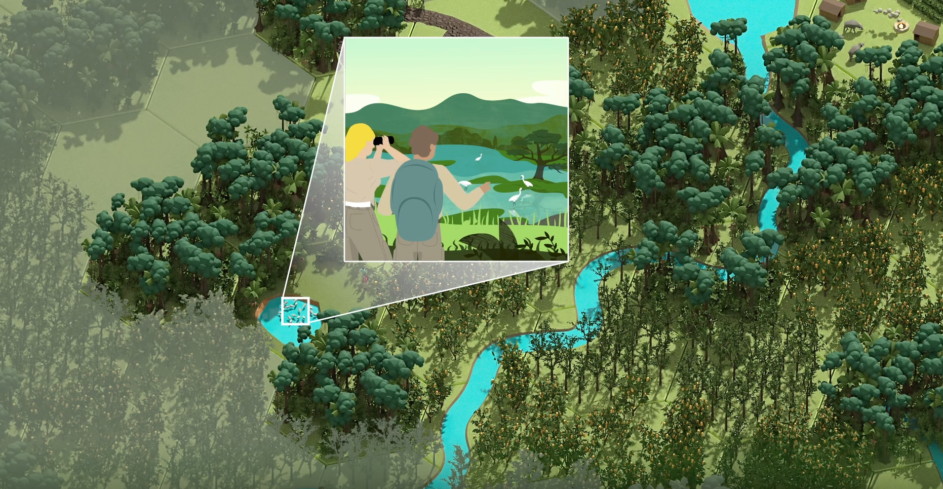 Bird’s-eye view of a forest with a zoom-in showing two people birdwatching near a river, highlighting eco-tourism and appreciation of biodiversity in a sustainable landscape.