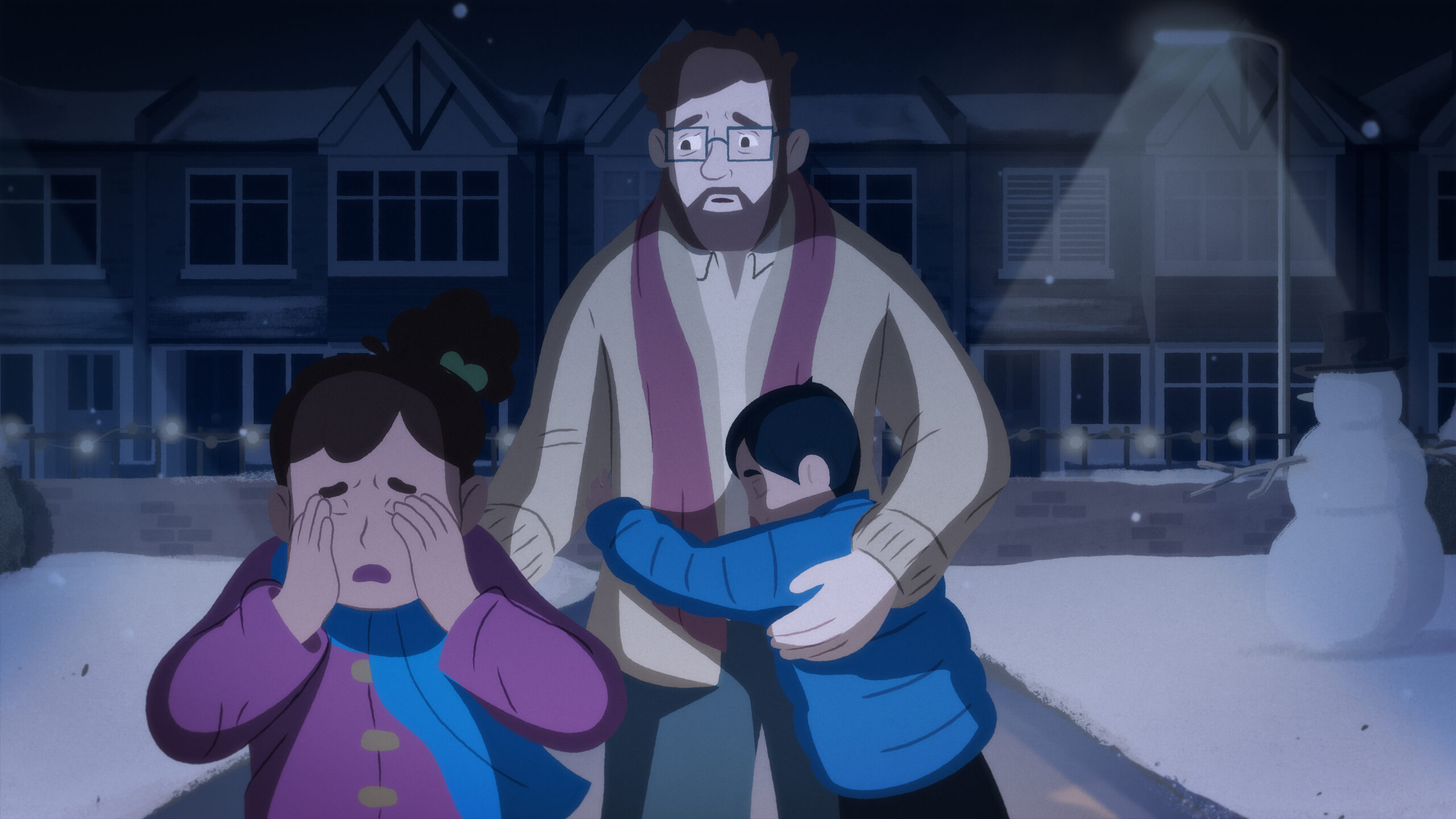 Animated Christmas advert scene – father comforts son as daughter runs away crying in snowy street