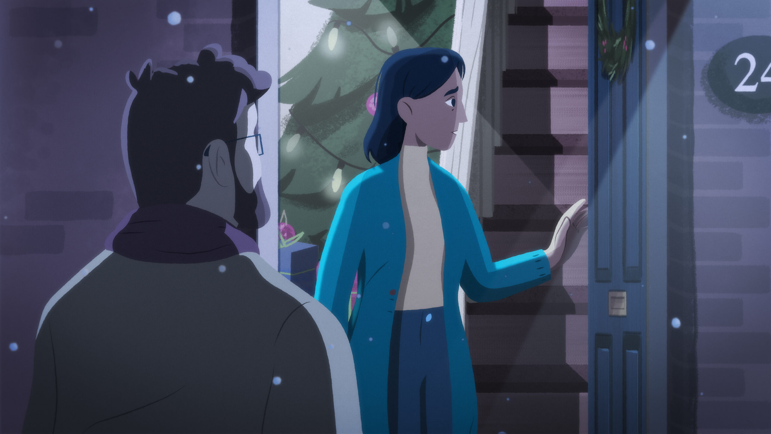 Animated Christmas scene – woman opens front door as man stands outside in falling snow