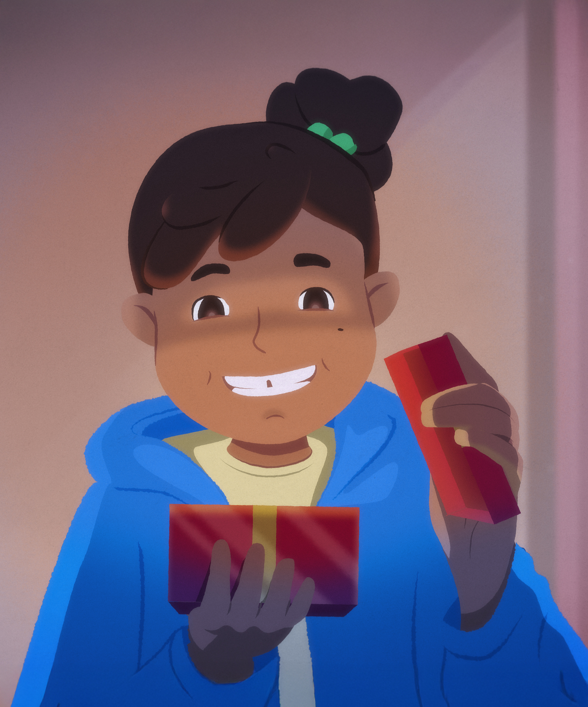 Animated Christmas scene – young girl smiles with joy as she opens her Christmas present indoors