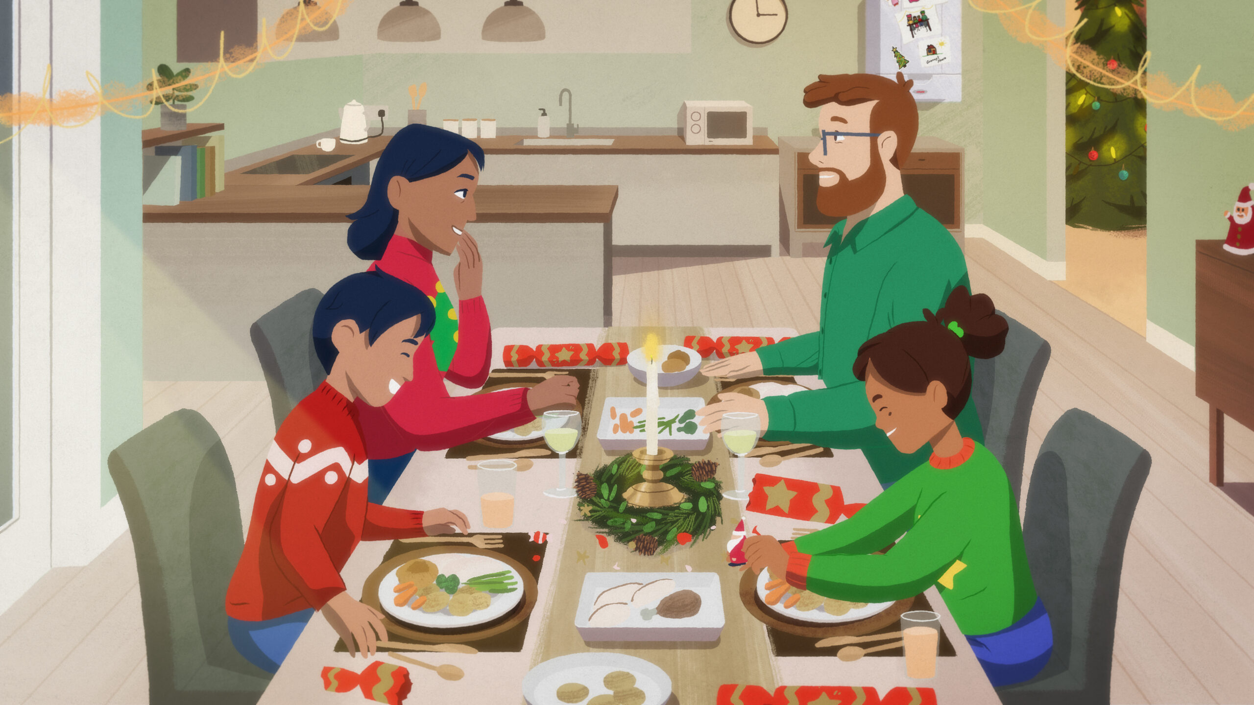 Animated family Christmas dinner – parents and children share a festive meal together at home