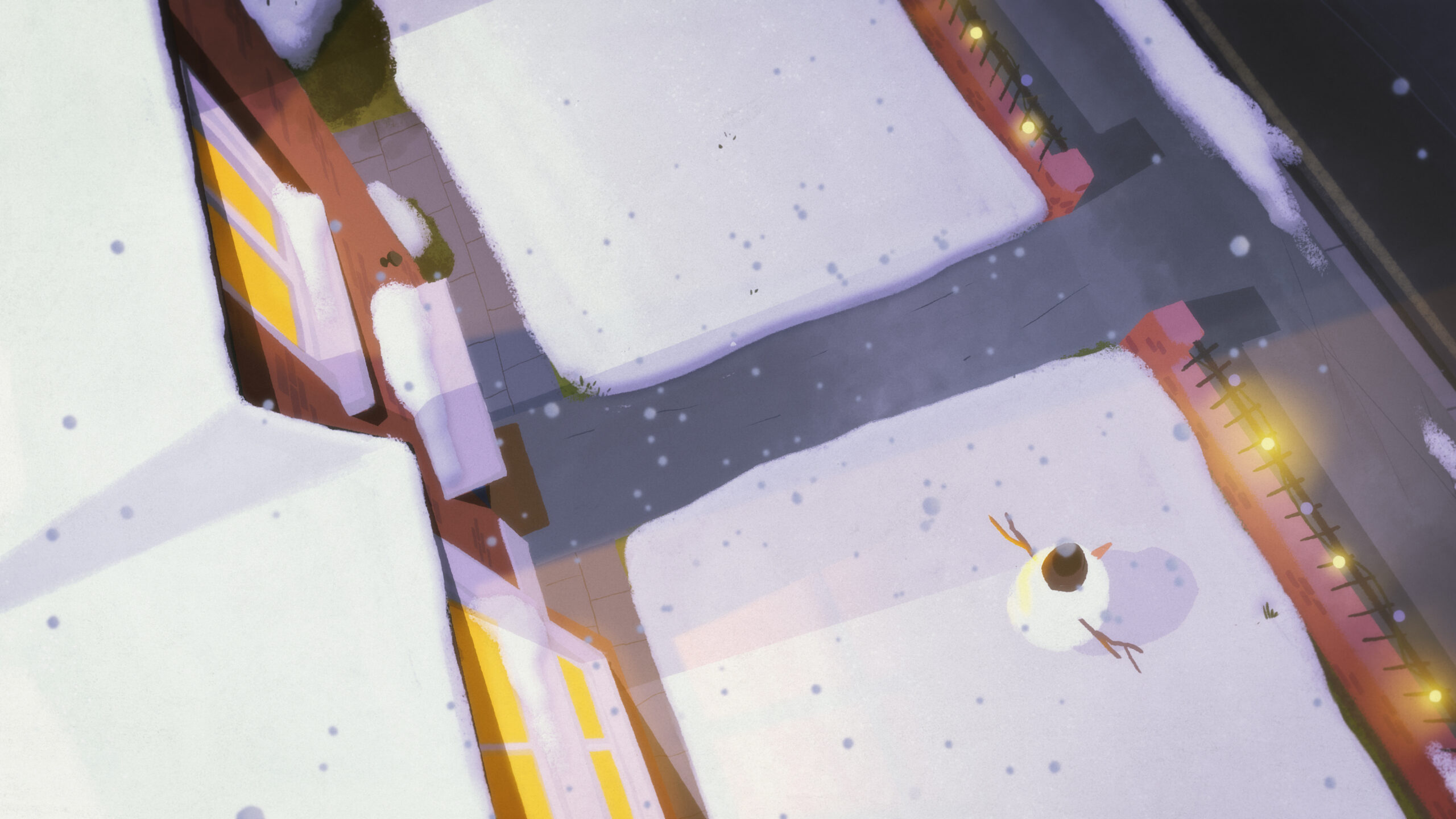 Aerial view of animated snowy street – family home glowing with Christmas lights and snowman in garden