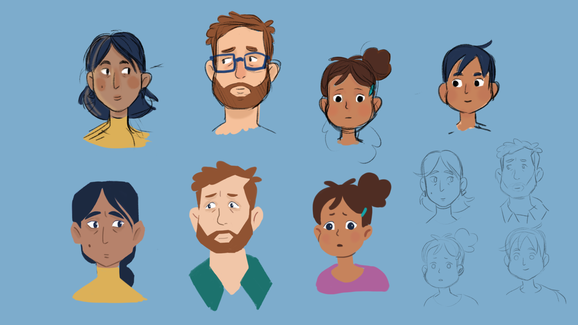Animated character concept art – headshot sketches and colour studies of family members from Christmas advert