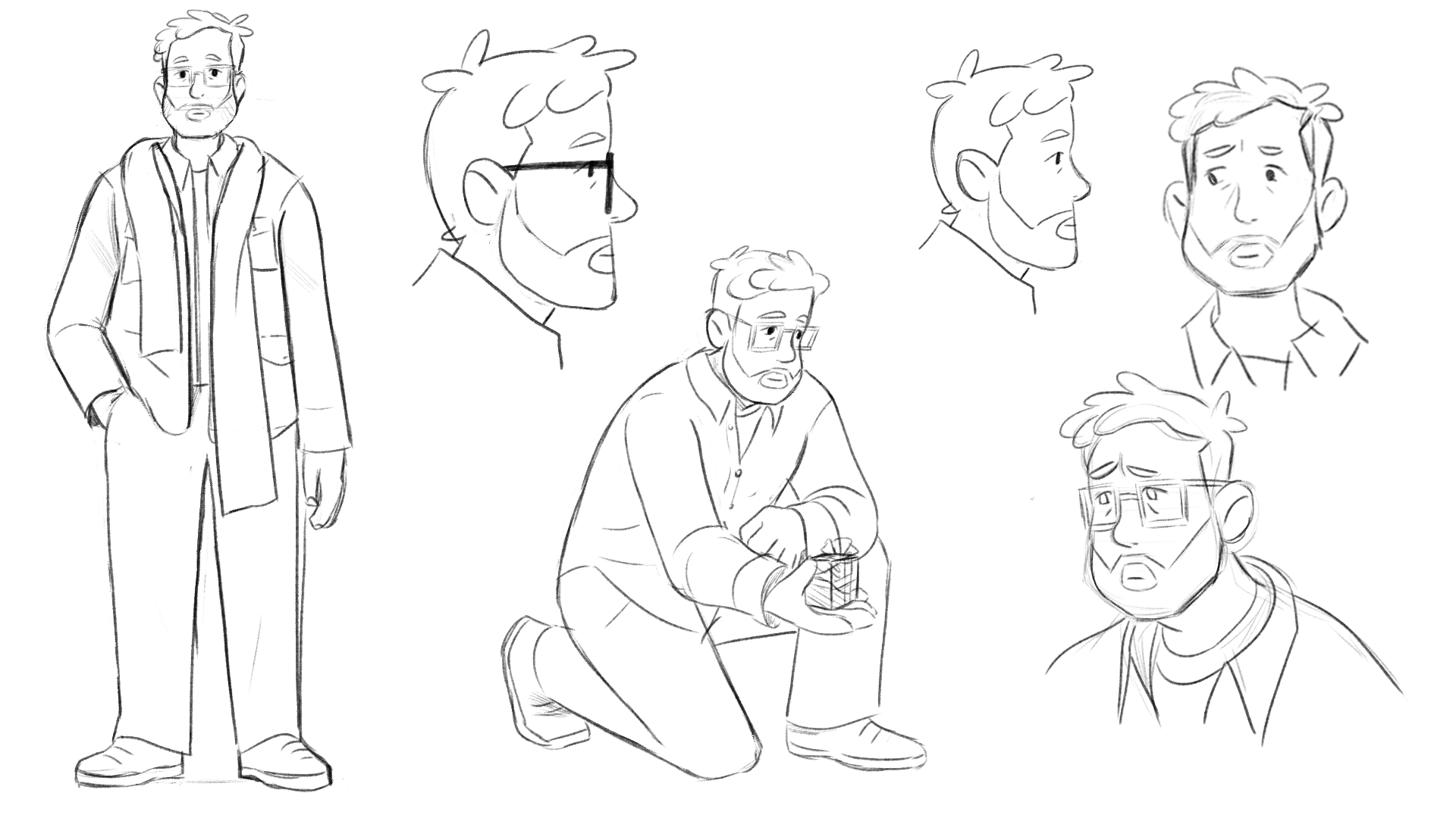 Animated character sheet – expressive sketch poses and facial angles of dad character from Christmas advert