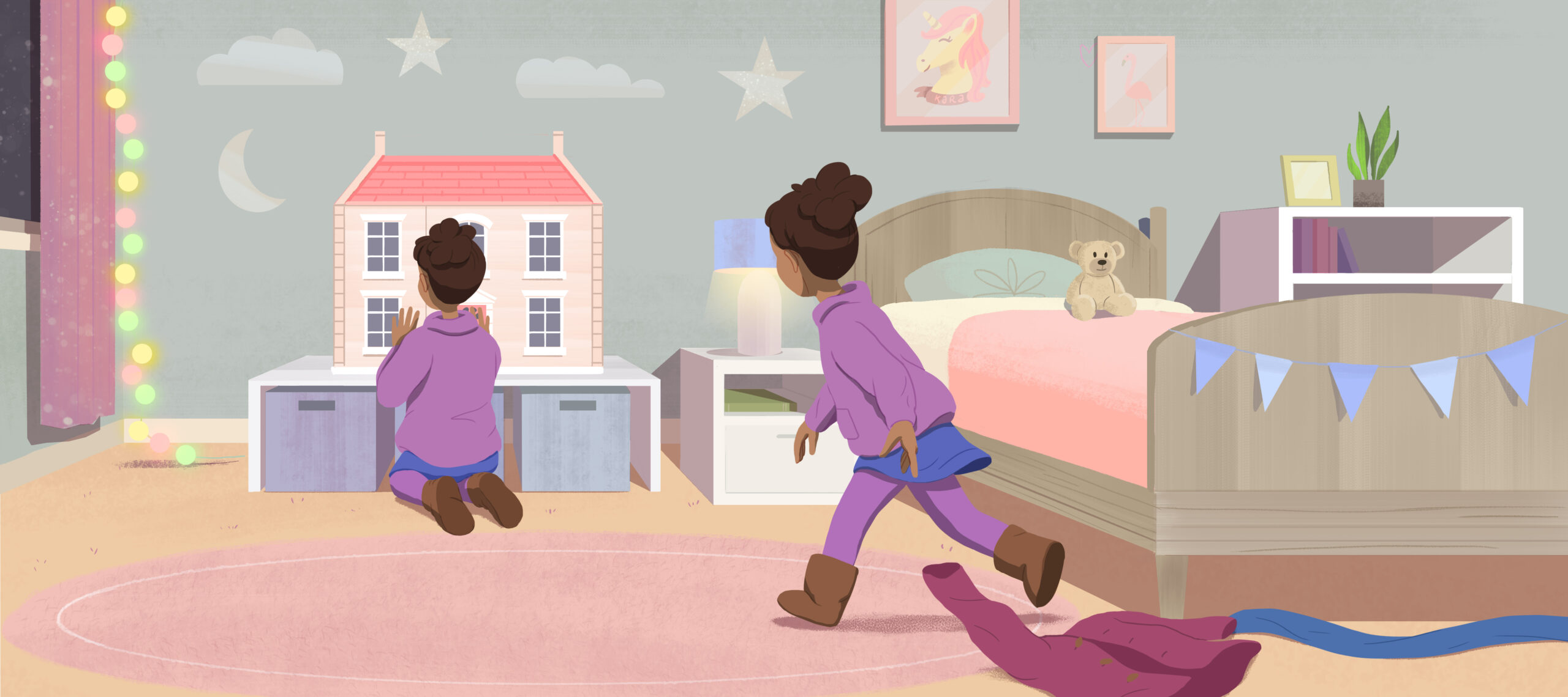 Animated WIP frame – girl runs across bedroom to reach doll’s house in festive Christmas scene