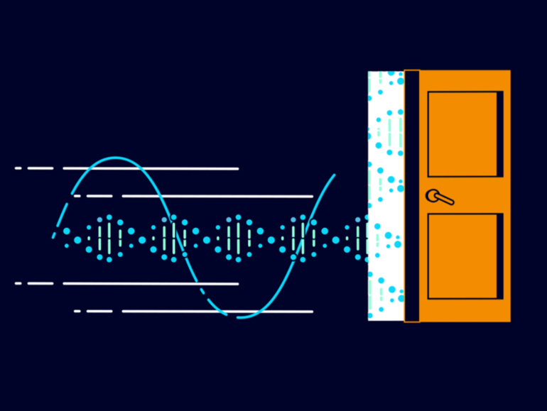 Illustration of a DNA data stream entering through an open orange door, symbolizing access to genetic information or storage technology, with a dark background and digital elements.