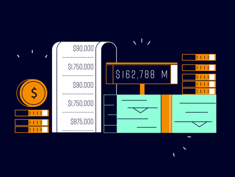 Illustration of financial elements including stacked coins, cash bundles, a receipt, and a digital display showing $162,788M, symbolizing large-scale monetary data or transactions.