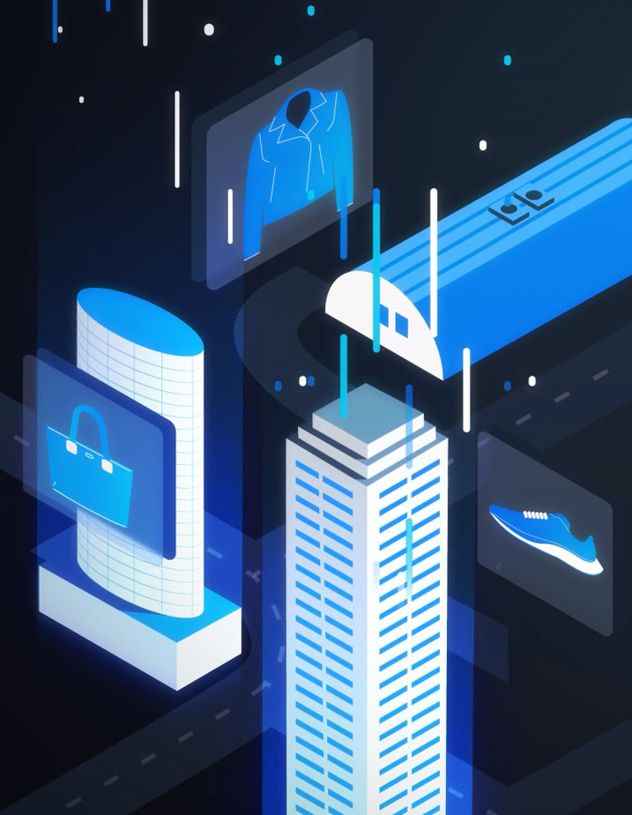 Futuristic cityscape with high-speed train, skyscrapers, and digital product displays for fashion items, symbolizing cutting-edge technology in retail and urban innovation.