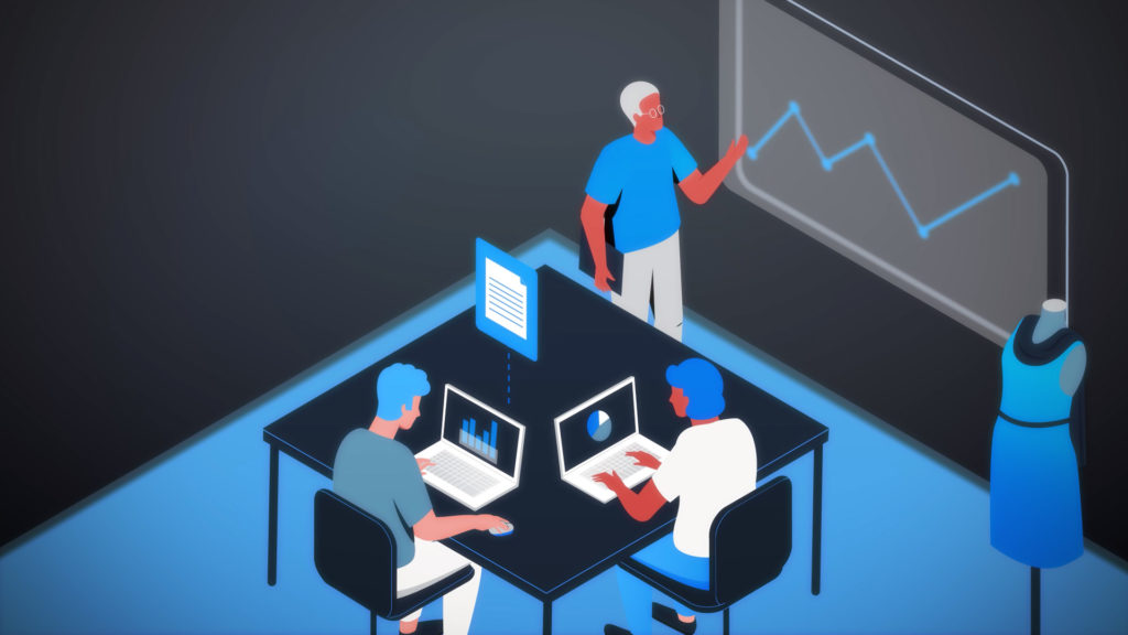 Illustration of a team in a modern office setting analyzing data on laptops and a large screen, collaborating on product development with a dress prototype in view.