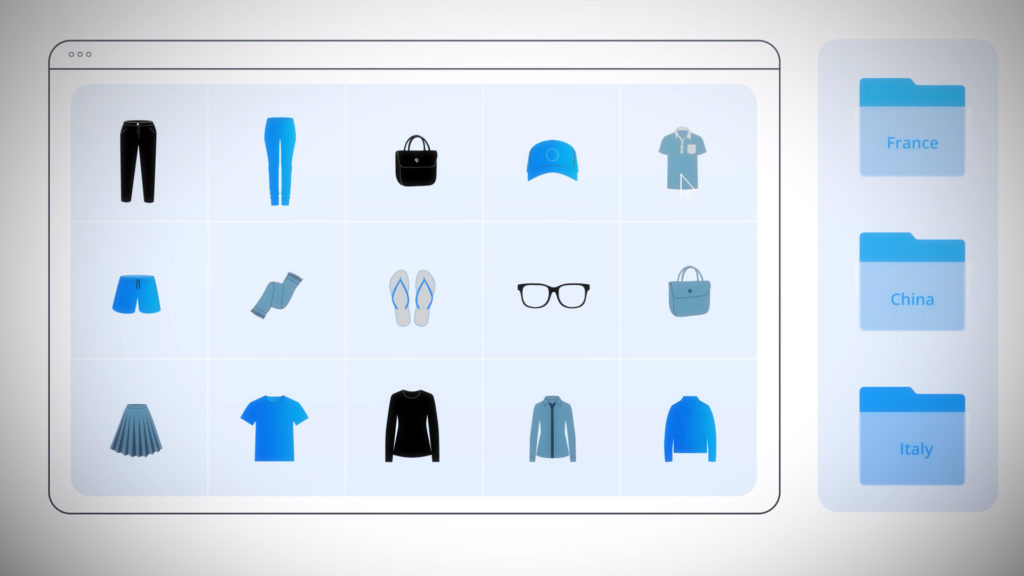 Digital interface showing a grid of clothing and accessory icons, with country-labeled folders (France, China, Italy) on the side, representing product management or inventory organization.