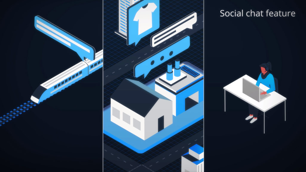 Illustration showing transportation, production, and communication systems connected through a digital social chat feature, with a person working remotely at a laptop.