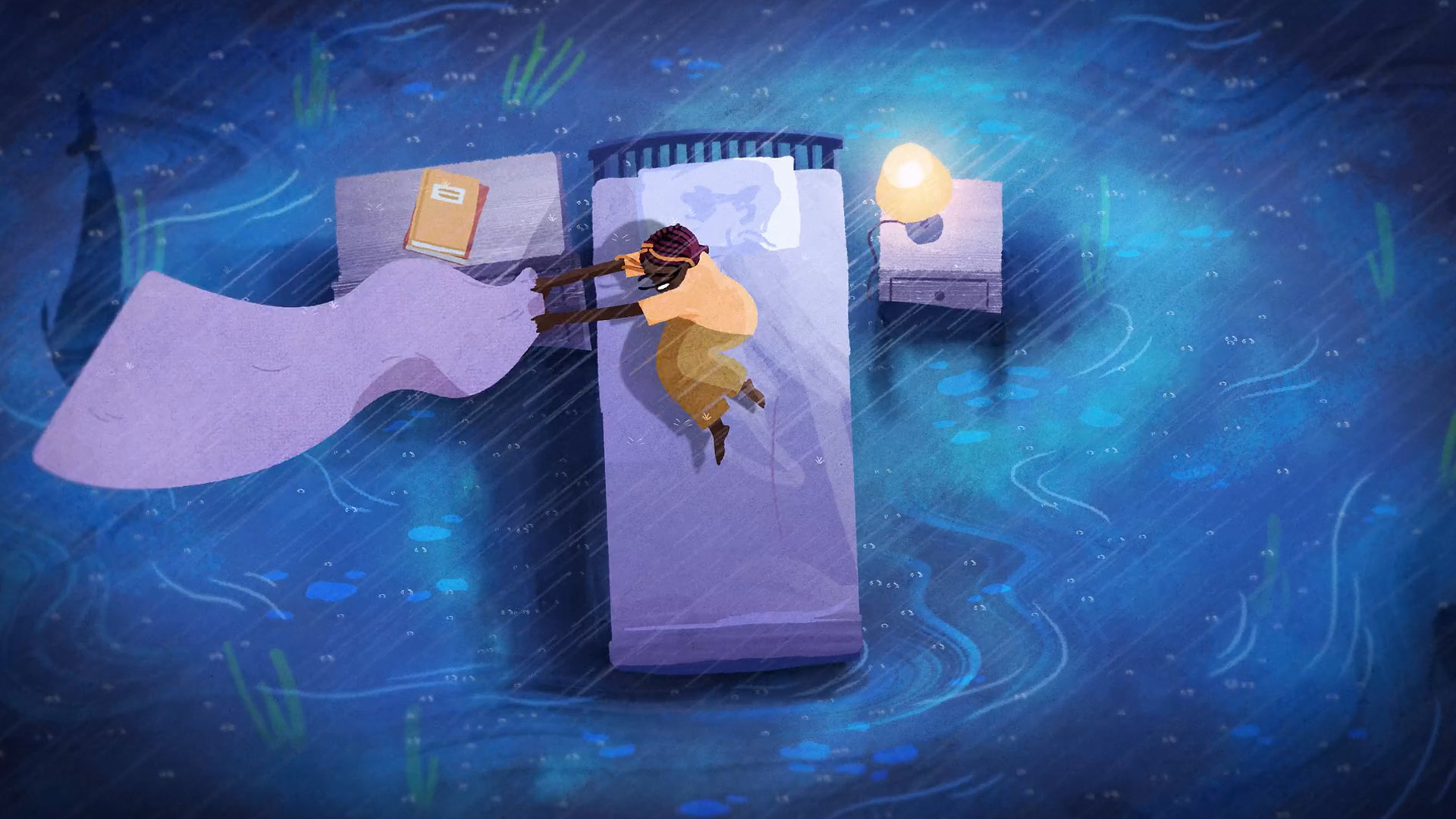 A child lies in bed pulling up a blanket as rain falls, surrounded by a dreamlike, underwater-like blue scene with a glowing lamp and a book on the nightstand.