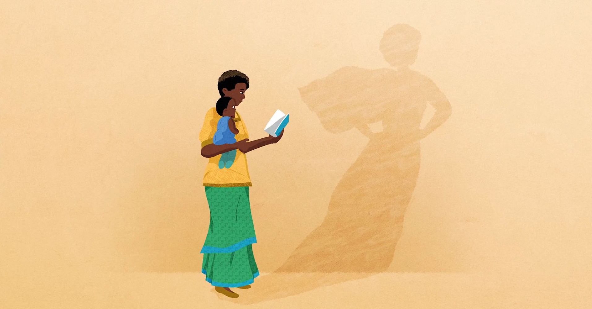 A woman holding a child reads a book, casting a superhero-like shadow on the wall, symbolizing empowerment, strength, and transformation through knowledge.