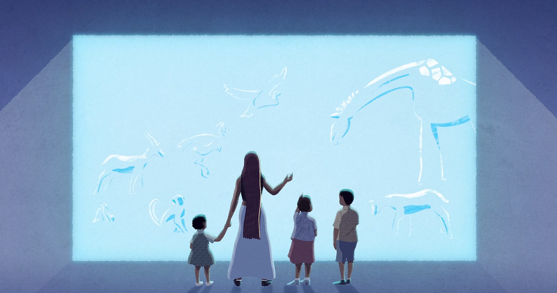 A woman and three children stand before a glowing display of animal outlines, pointing and observing in a dimly lit, museum-like space.