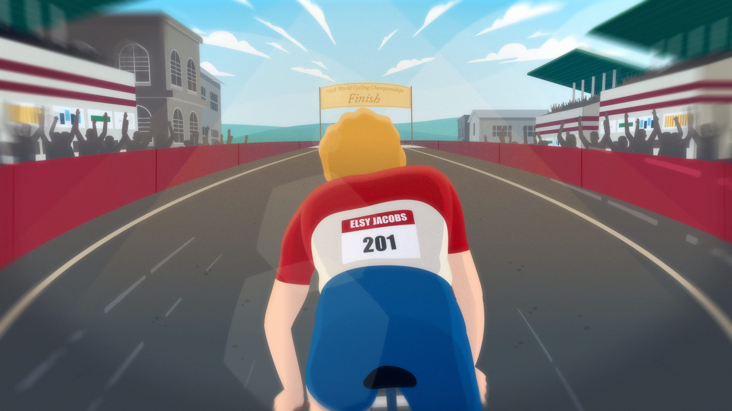 Illustration of cyclist Elsy Jacobs approaching the finish line at the 1958 World Cycling Championships, cheered by crowds lining the race track under a bright blue sky.